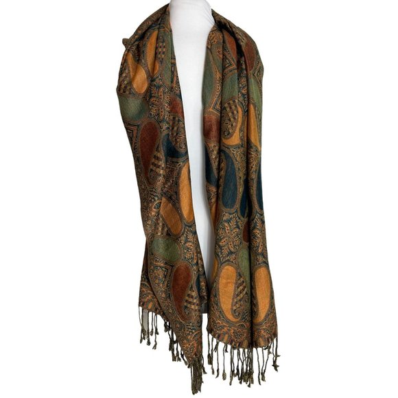 Paisley Fall Colors Scarf Shawl Wrap Gold Brown Green Woven Fringe 28" X 75.5" - Picture 2 of 9